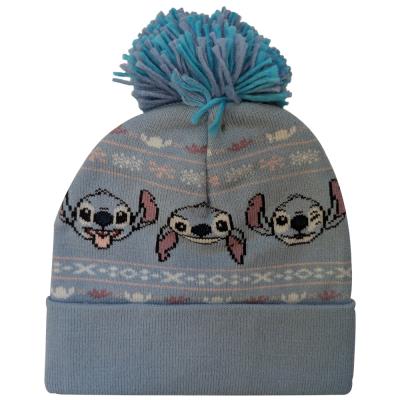 Stitch Pom Beanie - Women's winter Hat - Snowflakes and Stitch