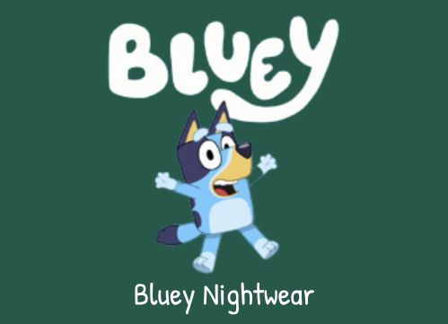 An image and text of Bluey, CBeebies Blue Heeler puppy, with the text and link to Bluey nightwear