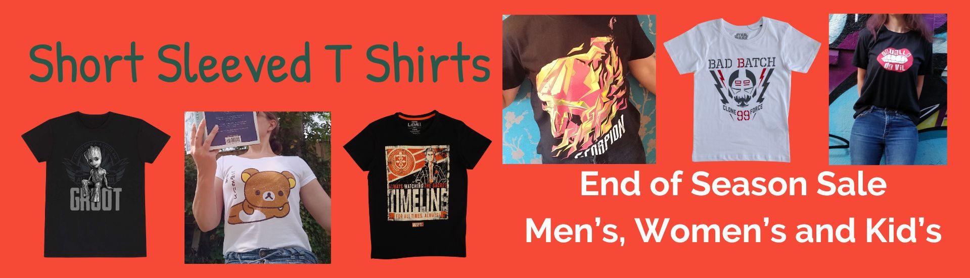 Image of character t shirts including star wars, cruella and Loki images. Text stating that short sleeved t shirts are in the end of season sale.