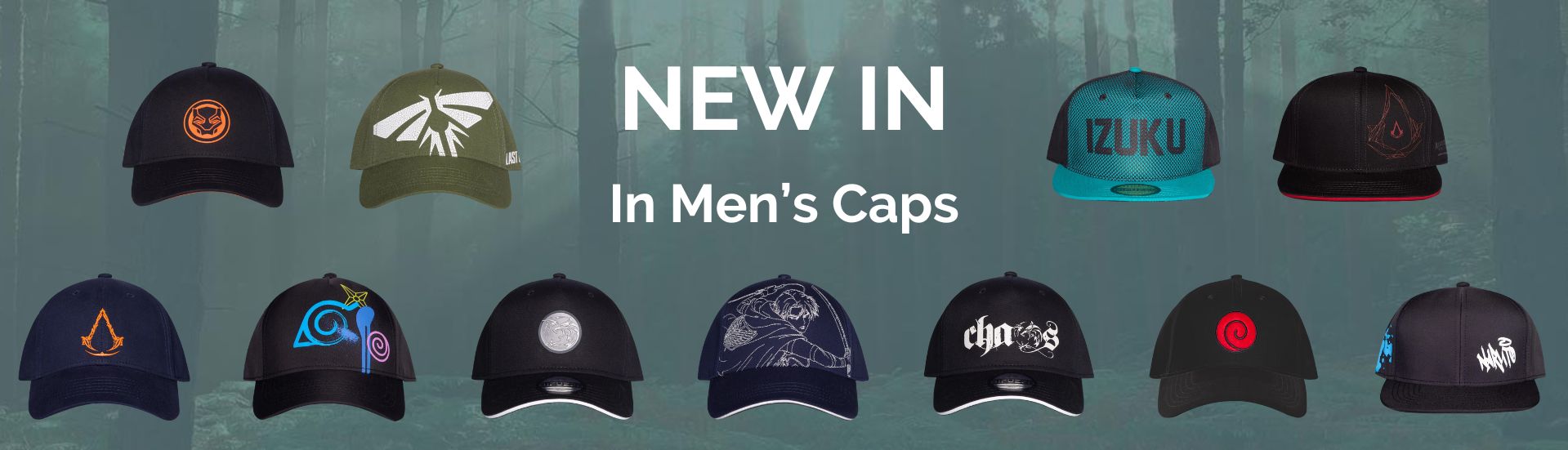 AN image of the new caps we have in stock including caps eaturing The Witcher, Assassin&#39;s Creed, The Last of Us, Naruto and My Hero Academia