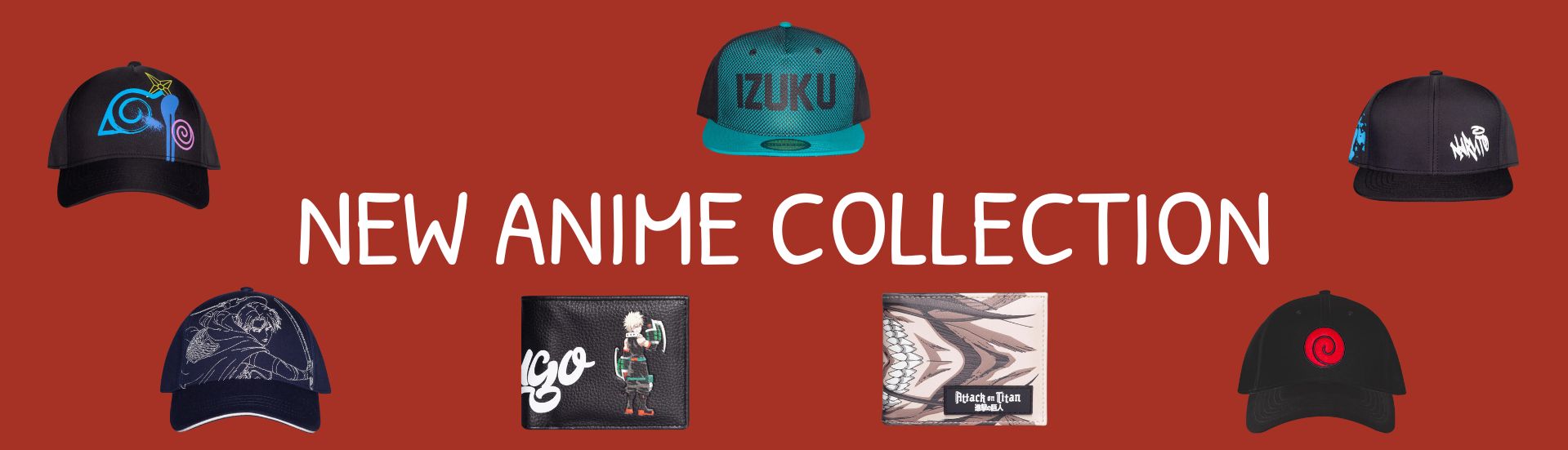 An image showcasing our new anime stock including caps and wallets from Naruto, My Herp Academia and Attack on Titan 