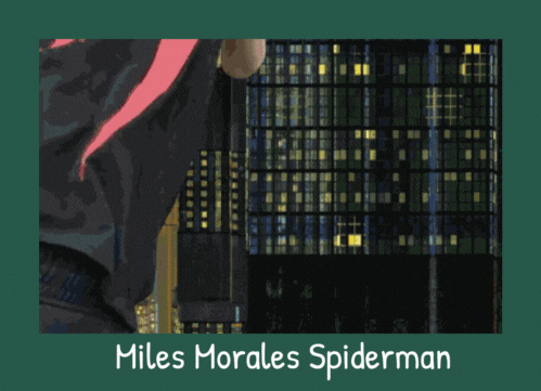 A GIF of a child in a miles morales spiderman T Shirt swinging in frontof cartoon buildings. This link ttakes you to our range of Spiderman merchandise