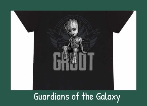 The image features a close up of the front of a T shirt that features the Marvel Character Groot sitting on text that reads Groot. This image links through to our range of Guardians of the Galaxy merchandise.